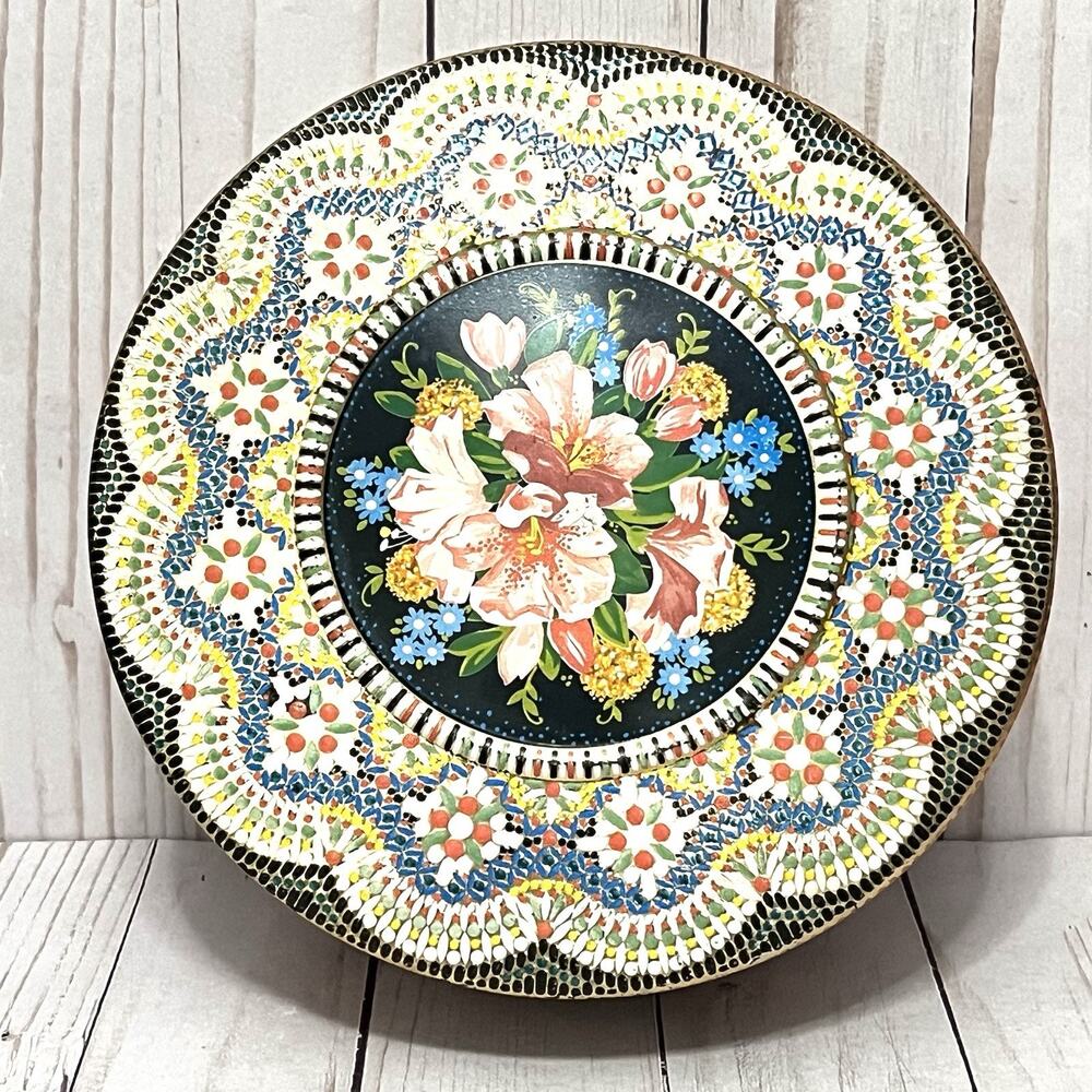 VINTAGE 8" Round FLORAL Cottagecore Metal Victorian Cookie Tin Made In England